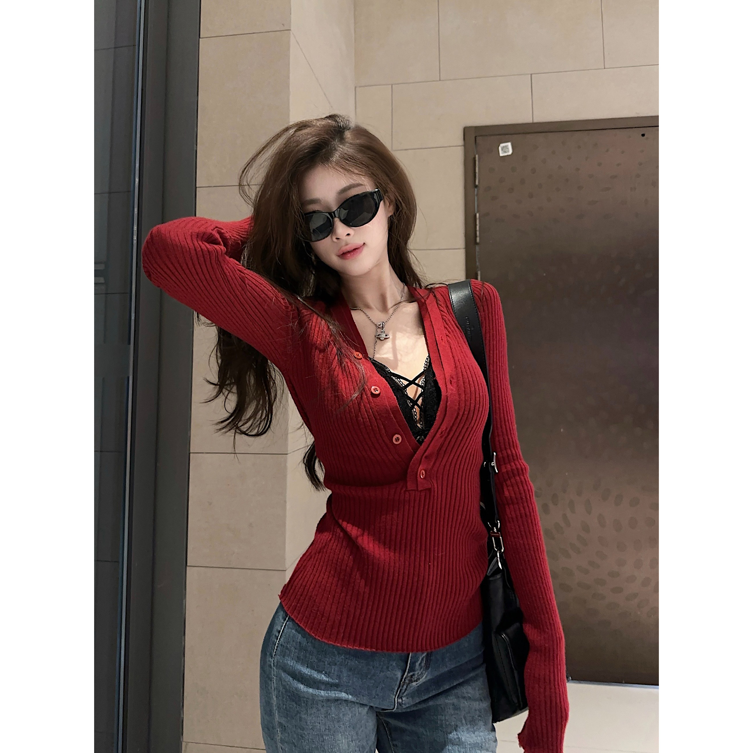 【流量密码】氛围感穿搭v领真两件半开扣显瘦修身上衣2286