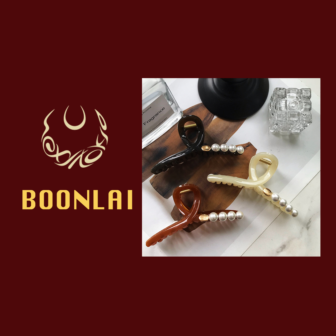 Boonlai   字母浮雕珠珠发夹602