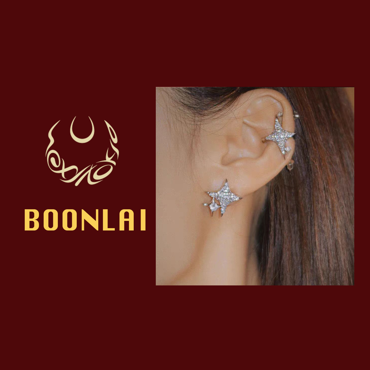 铜合金莫桑石耳饰 Boonlai  银色星星满钻耳环D耳圈1858