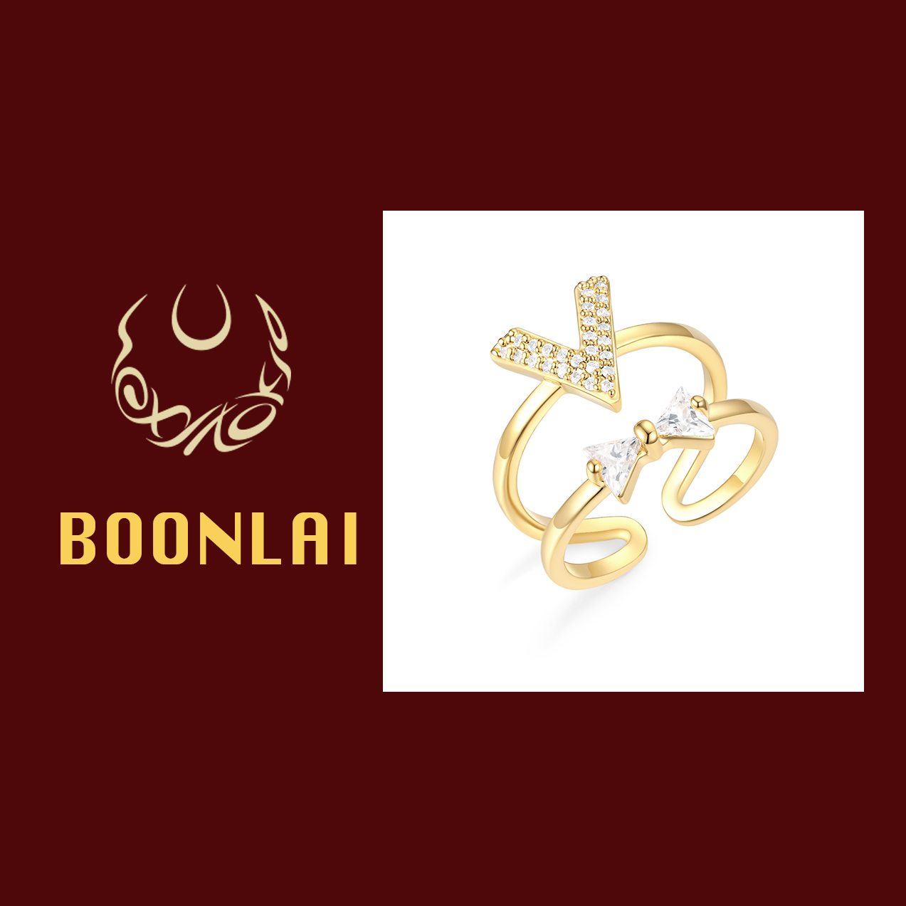 铜合金莫桑石戒指 Boonlai   金属简约日常配搭镶钻字母B戒指1400