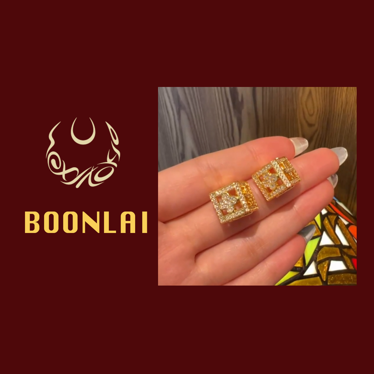 铜合金莫桑石耳饰 Boonlai 金色立体方形镶钻耳钉1759