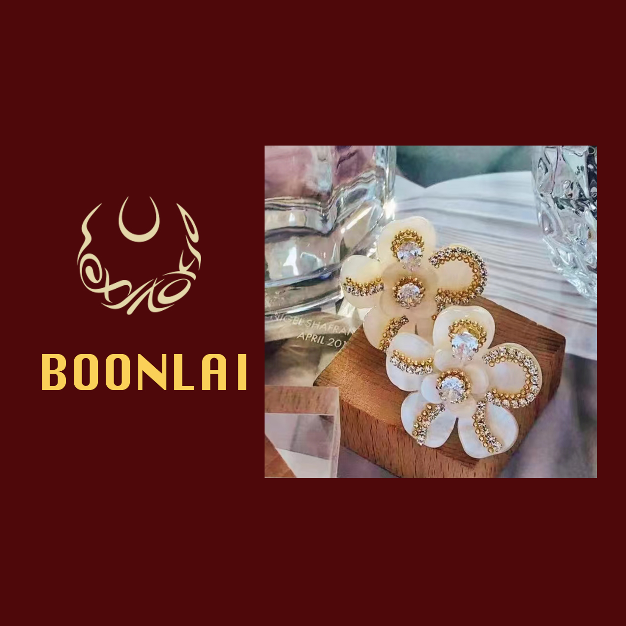 铜合金莫桑石耳饰 Boonlai 金色花朵镶钻时尚轻奢百搭J耳环1620