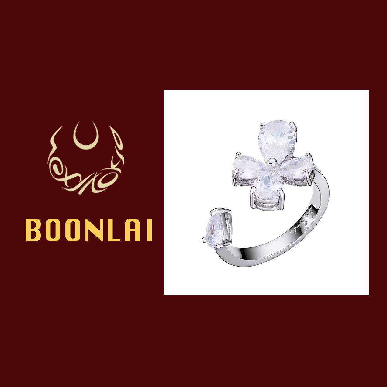 铜合金合成锆石戒指 Boonlai 镶钻花朵造型戒指开口可调节054