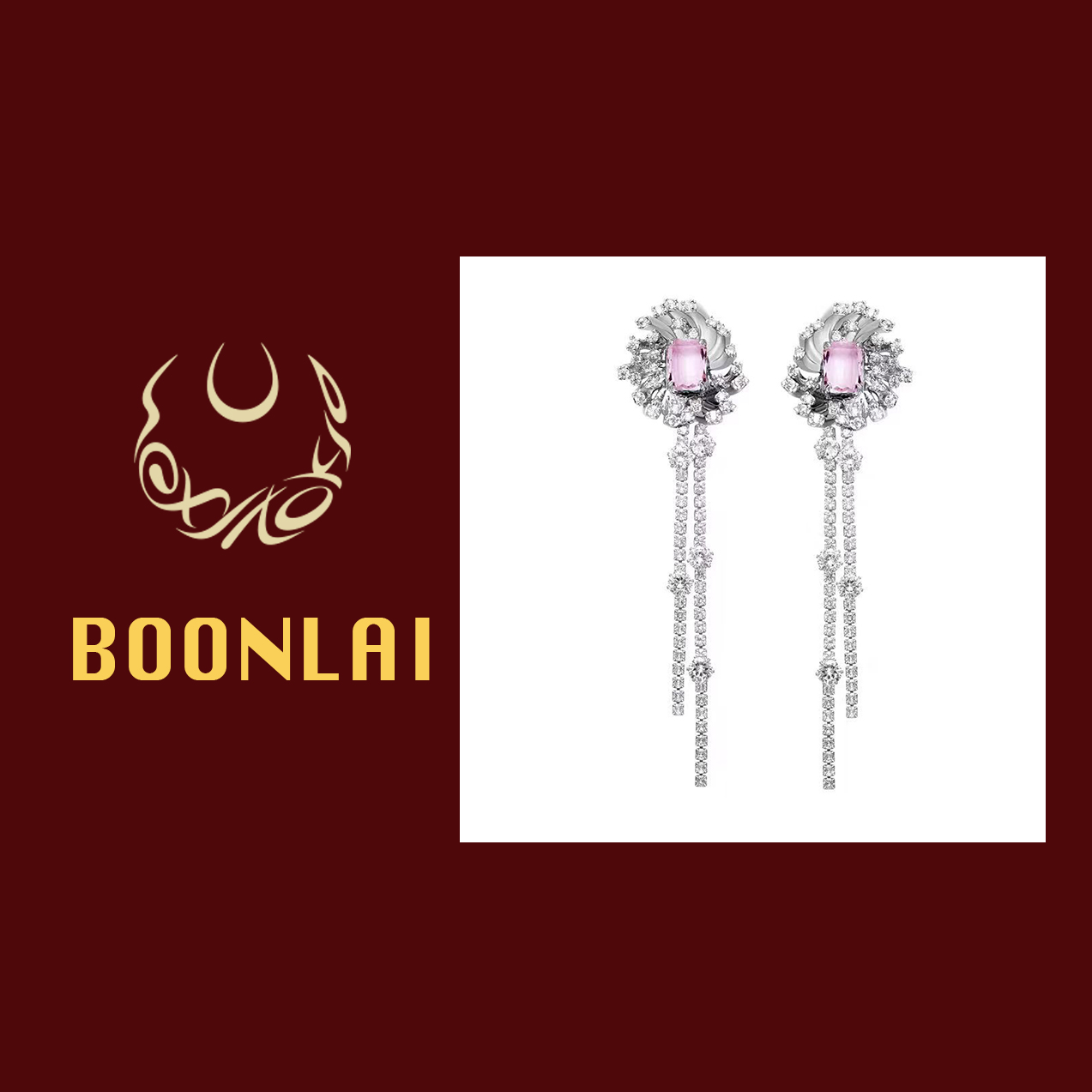 铜合金莫桑石耳饰 Boonlai 粉色镶钻流苏耳环 021