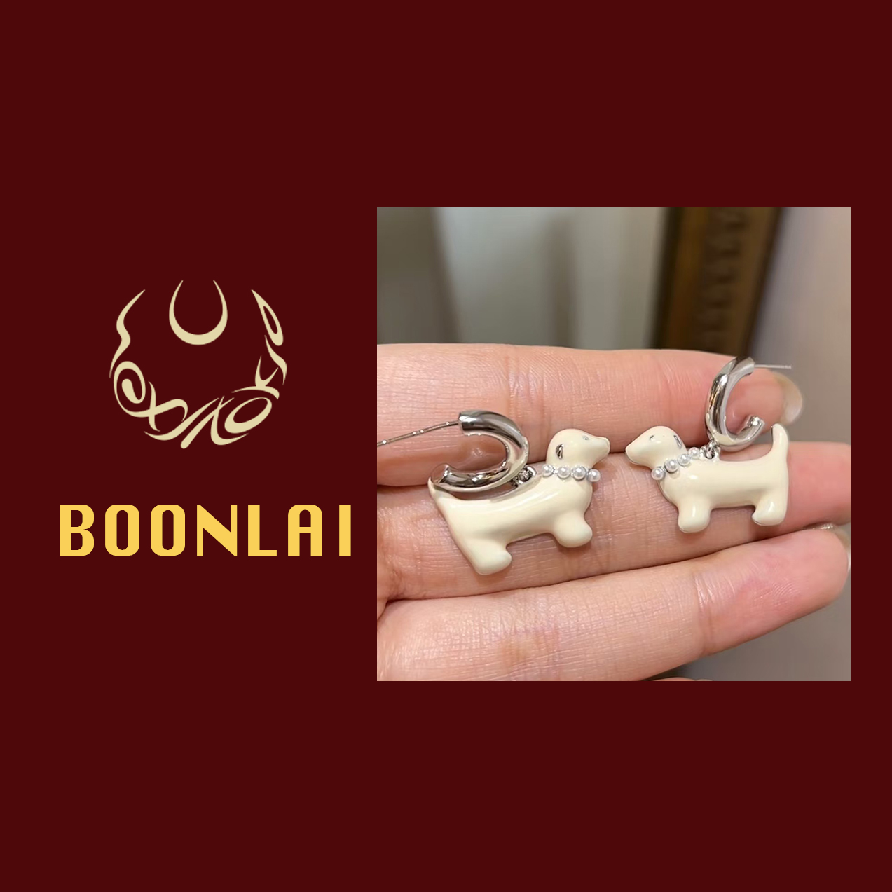 铜合金莫桑石耳饰 Boonlai 韩版新款白色滴釉小狗造型耳环193