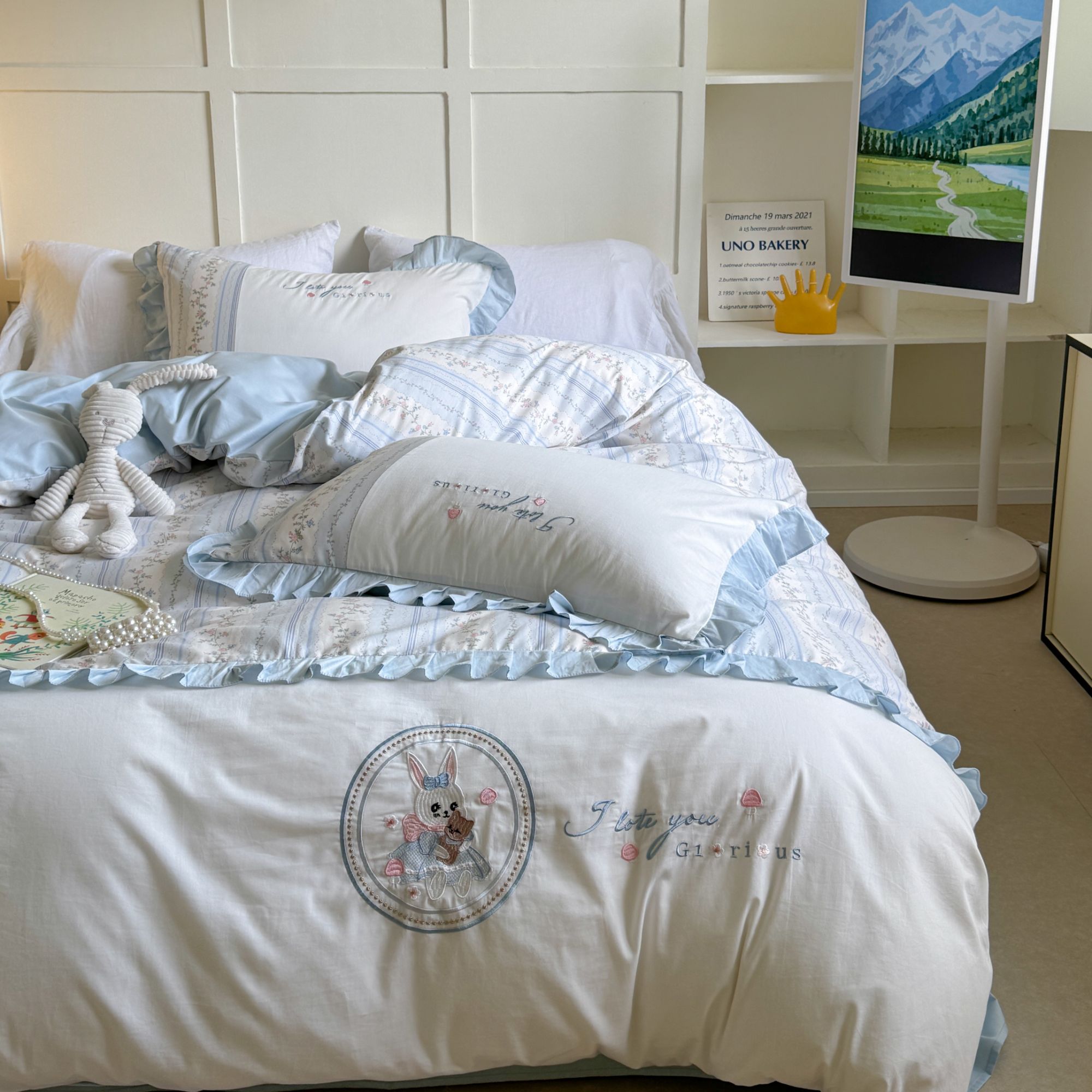 美莉  花兔 全棉水洗棉三件套四件套大版刺绣轻奢法式简约设计师