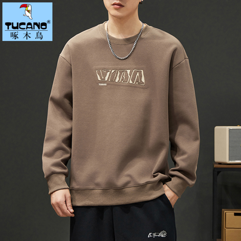 啄木鸟大码卫衣男秋冬季款港风潮流印花上衣圆领套头宽松休闲t恤