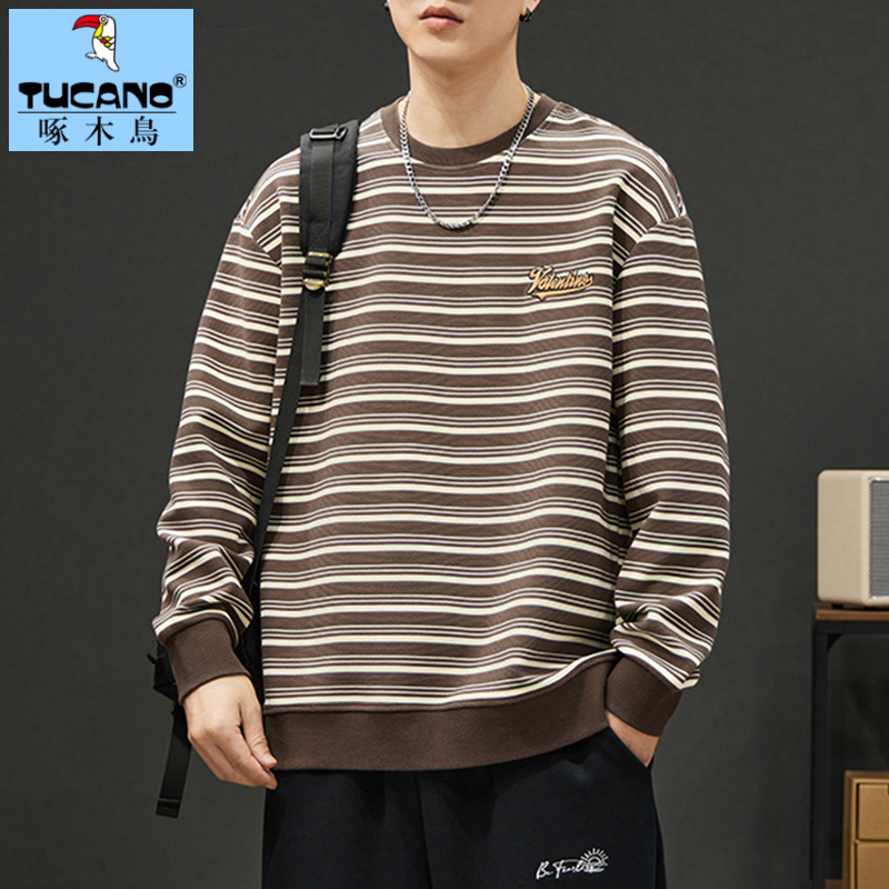 啄木鸟条纹卫衣男圆领重磅上衣秋冬季潮流宽松长袖打底衫男士内搭