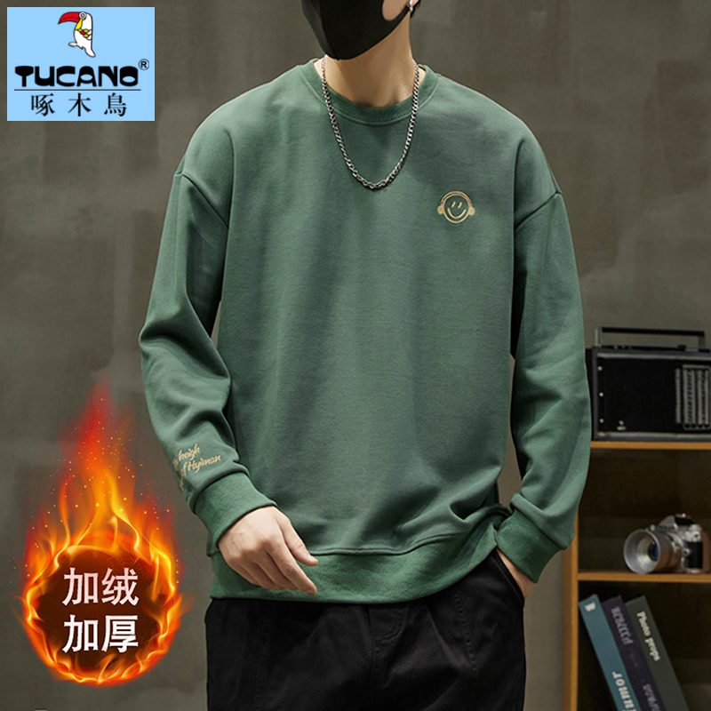 啄木鸟圆领卫衣秋冬季款男装外套美式加绒重磅上衣长袖男士打底衫