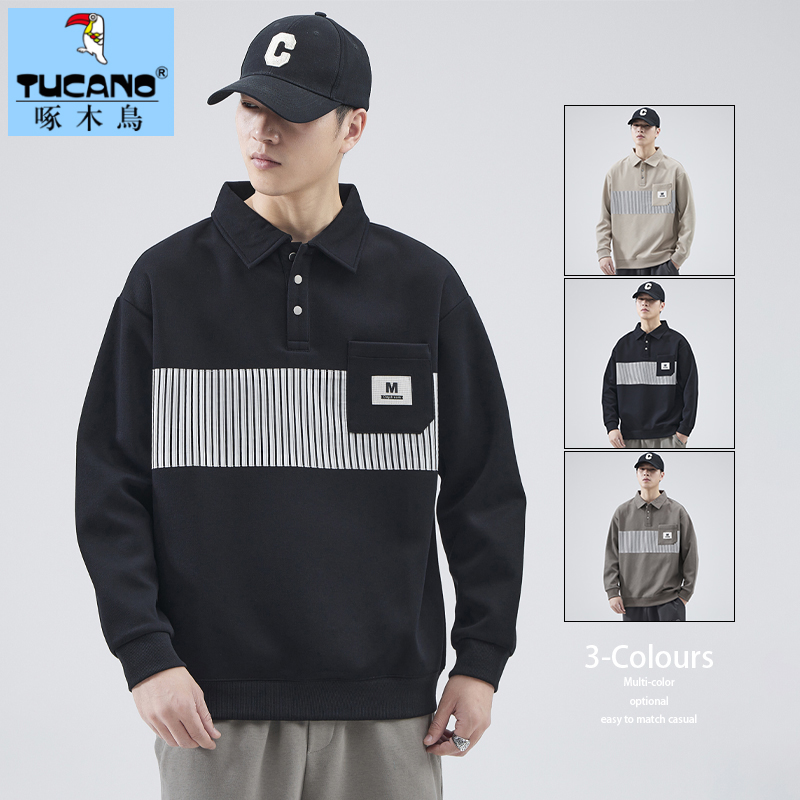啄木鸟Polo衫男士卫衣2024秋冬季潮牌口袋条纹设计感翻领男装上衣
