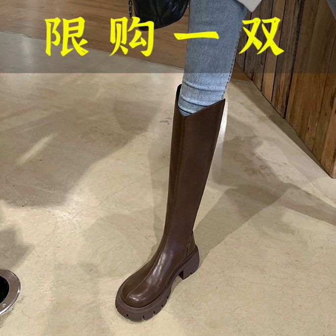 红蜻蜓牌~敲显瘦长筒V口增高显瘦厚底粗跟不过膝高筒骑士长靴女