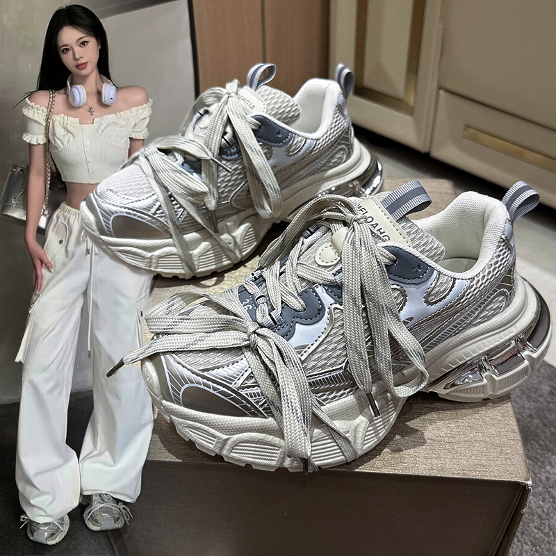 红蜻蜓牌老爹鞋女ins潮复古网面厚底松糕绑带休闲运动鞋超火网红