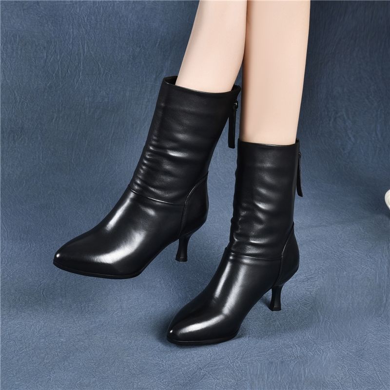 红蜻蜓牌软皮中筒靴女秋冬2023新款尖头加绒中跟短靴细跟皮鞋女士