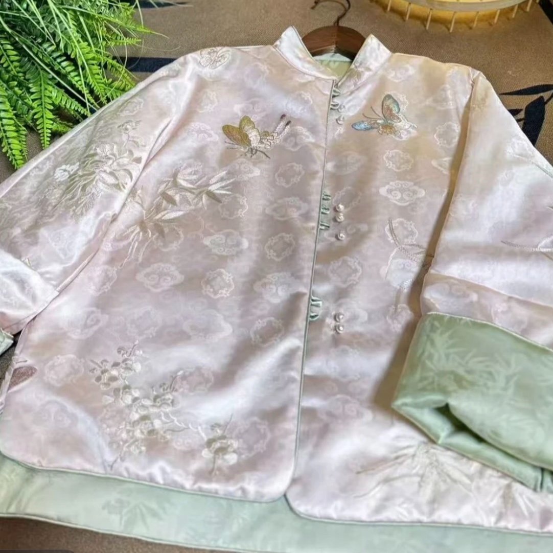 【碧如】新中式两面穿重工暗纹提花刺绣气质粉绿色上衣