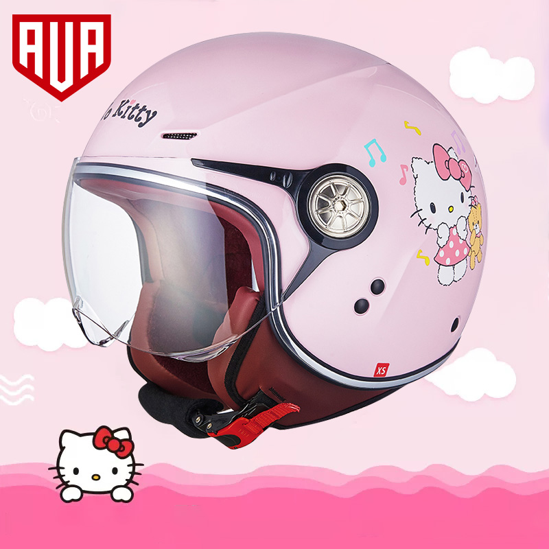 AVA摩托车头盔女男Hello Kitty可爱儿童电动车半盔3C认证四季通用
