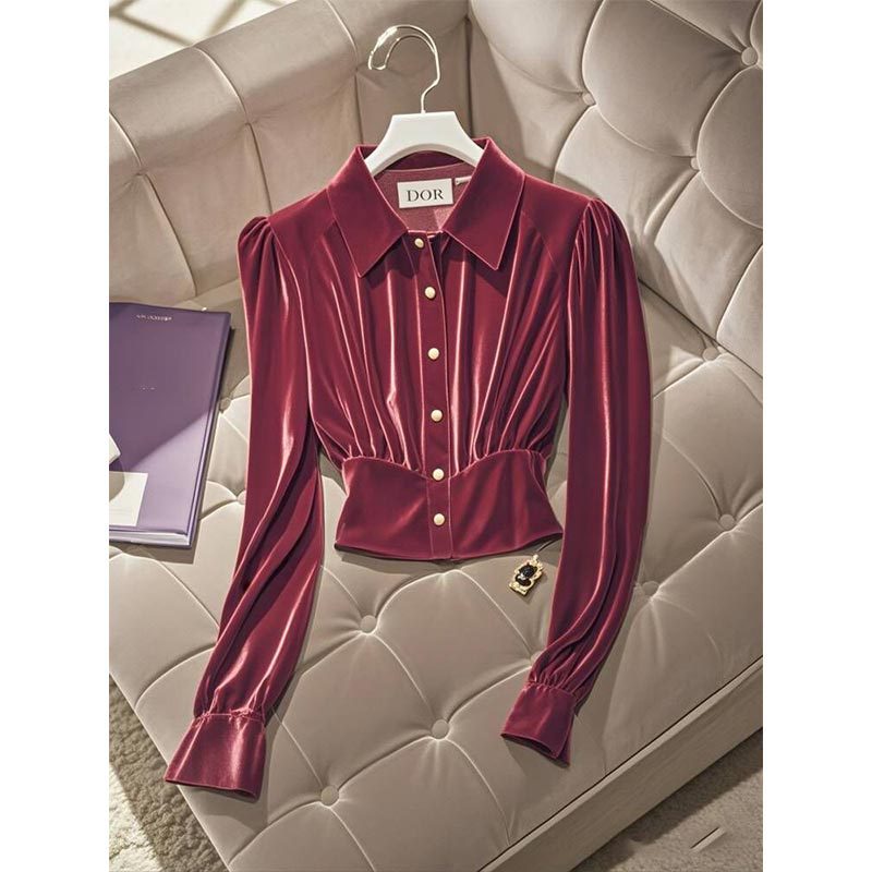 秋季新款气质掐腰上衣女法式轻奢高级感独特别致漂亮杏色丝绒衬衫