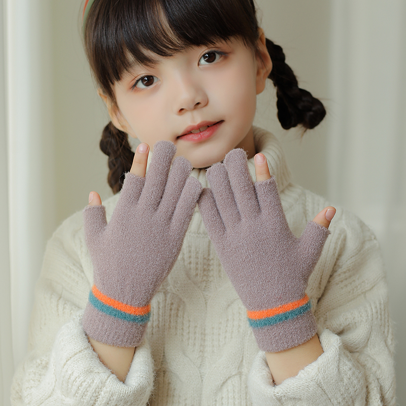 小学生儿童写字手套冬半指半截男女露二指宝宝孩子加厚保暖幼儿园