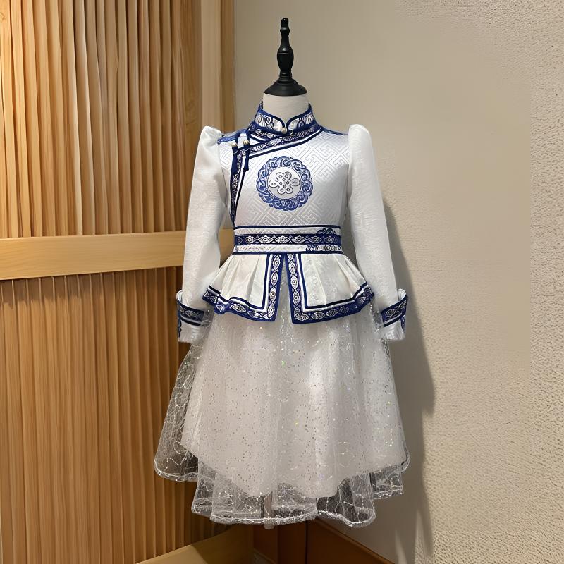 高琦】G17儿童白蓝青花舞台走秀舞台设计师原创儿童蒙古袍儿童礼服