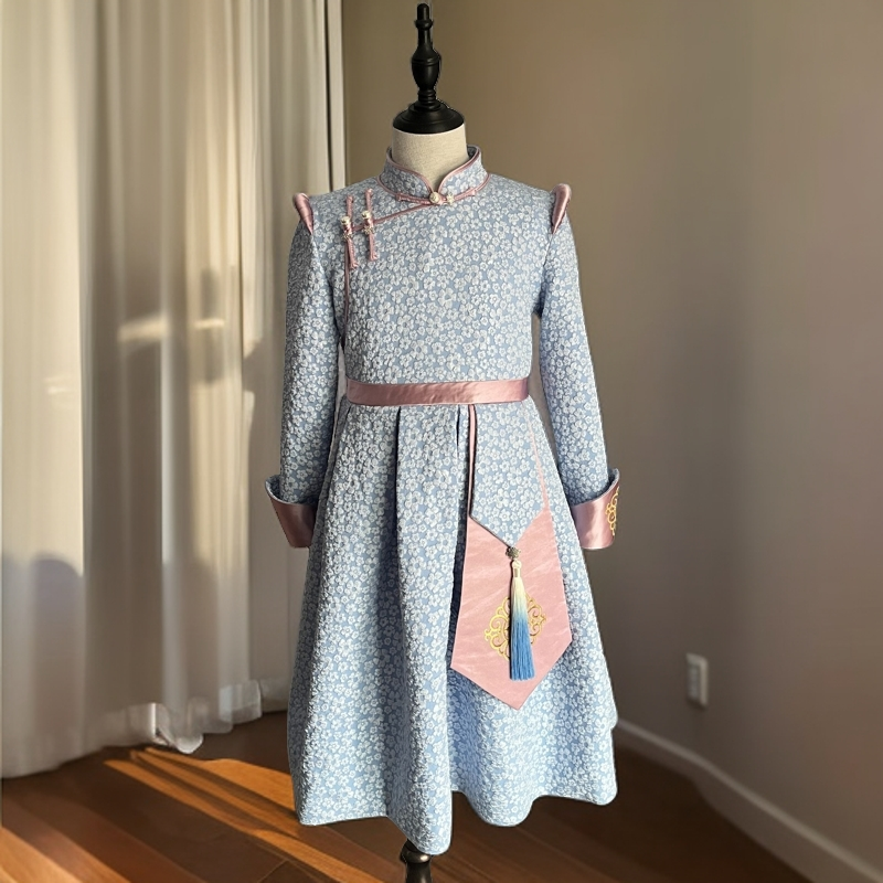 高琦】G43儿童蓝暗花女童蒙古服饰走秀舞台日常气质原创儿童蒙古袍