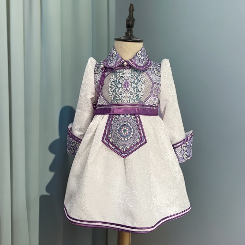 【高琦】G31女童白紫撞色日常翻领女孩蒙古服饰外套原创儿童蒙古袍