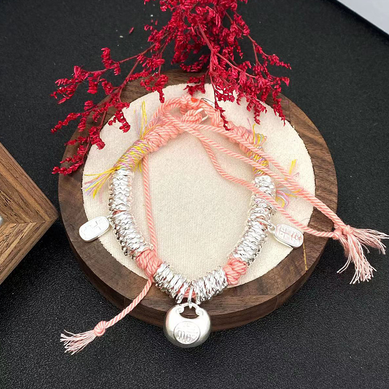 足银手链 足银9999 011 招财富贵好运粉色盘缠手链绳结新中式手链