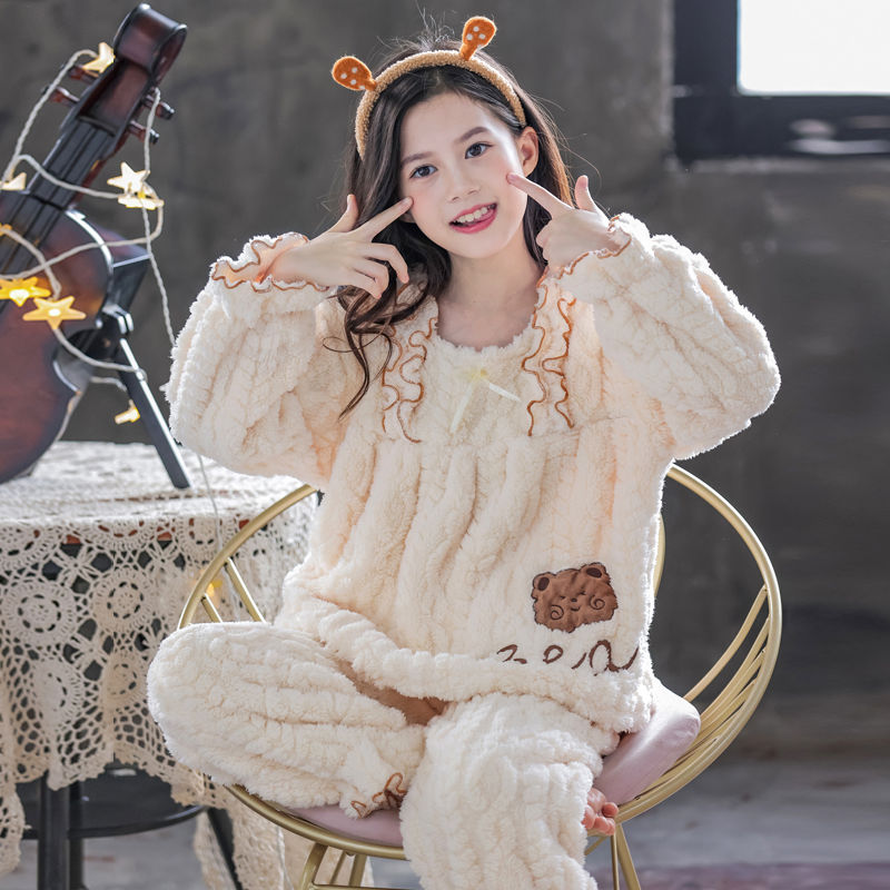 2023新款女童睡衣法兰绒秋冬款加厚冬季女孩珊瑚绒儿童家居服套装