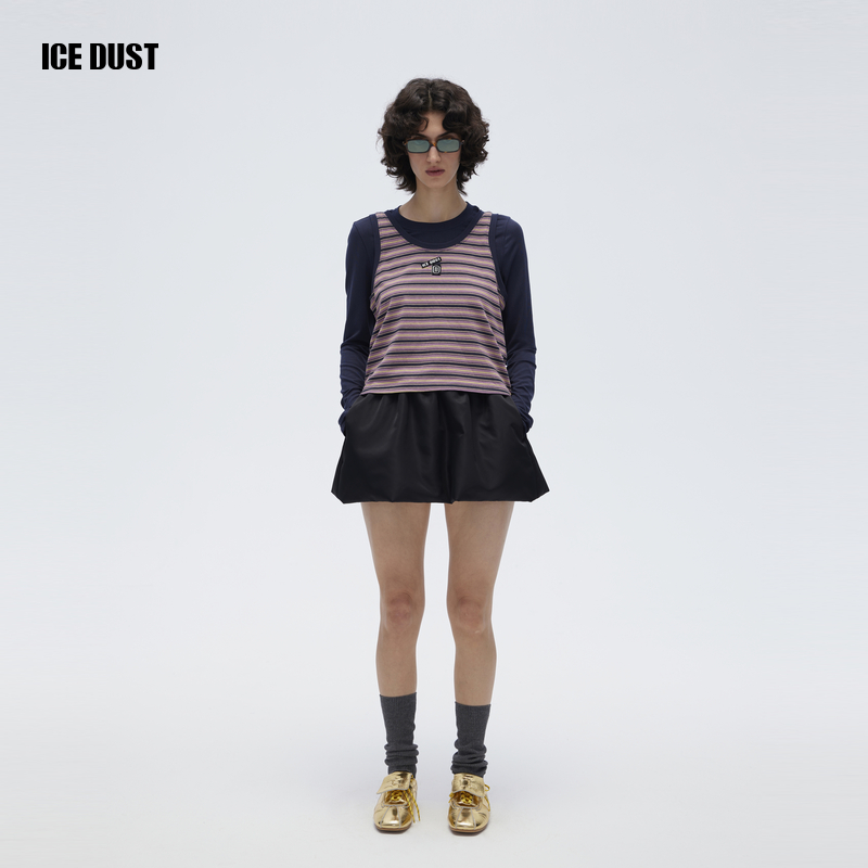 ICEDUST 秋冬系列条纹拼接长袖针织T恤背心两件套上衣女士
