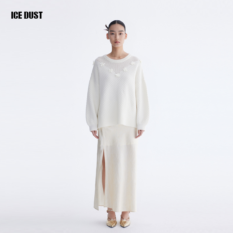 ICEDUST 秋季新中式系列镂空花朵圆领套头毛衫长袖毛衣女士