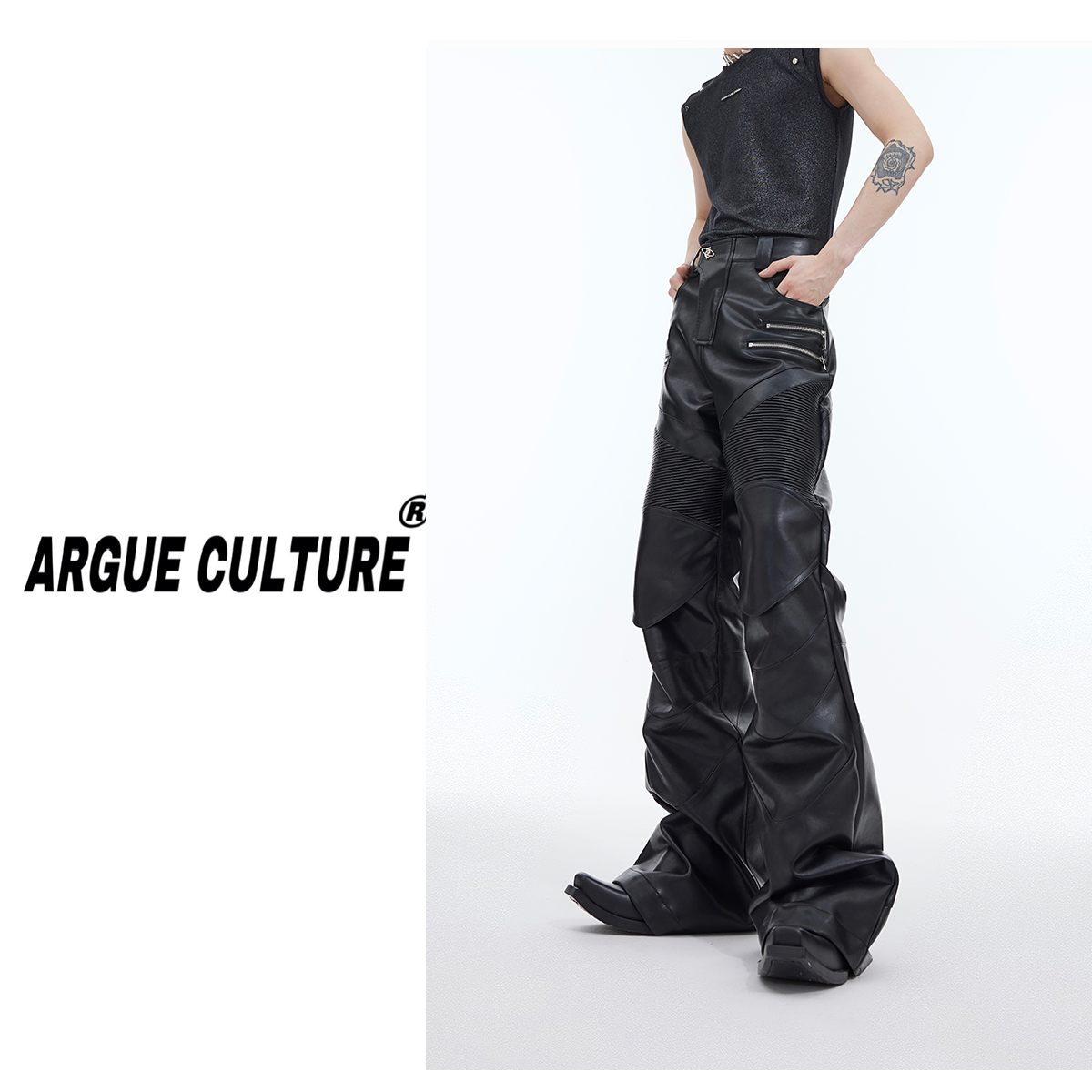 CulturE重工小众解构立体拼接朋克皮裤金属拉链点缀微喇休闲长裤