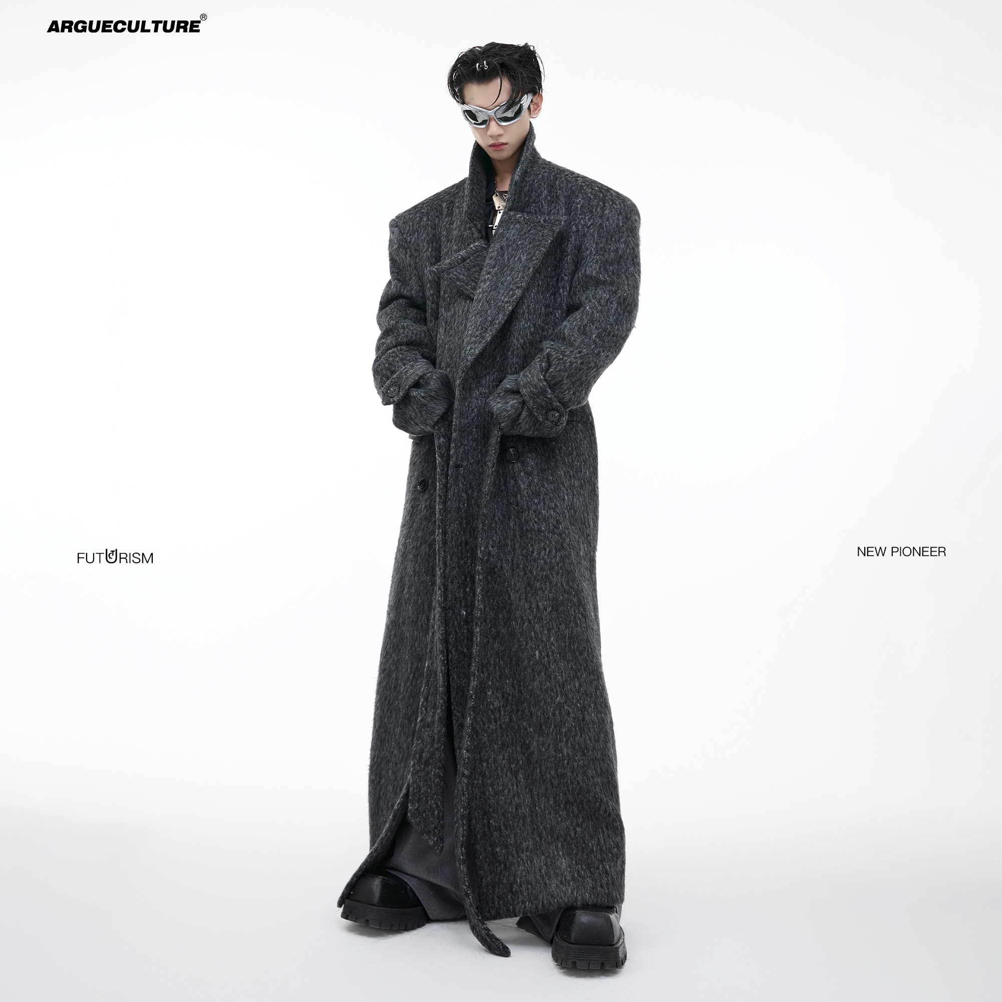 CulturE秋冬小众毛绒廓形宽肩毛呢大衣重磅宽松绑带收腰长款风衣