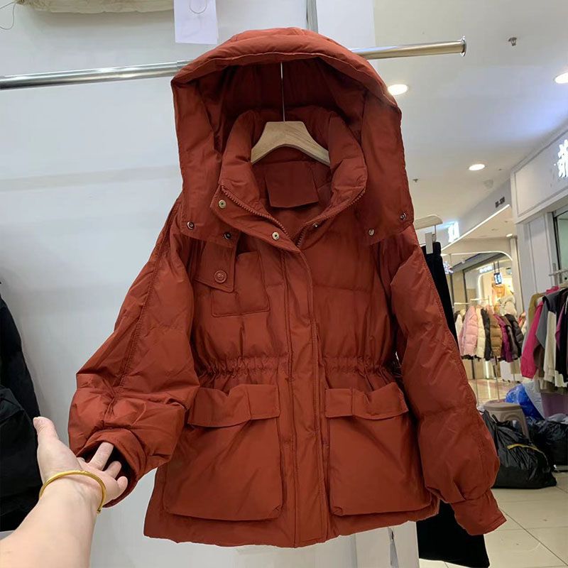 韩版简约连帽羽绒服女2023冬季新款宽松小个子加厚收腰保暖