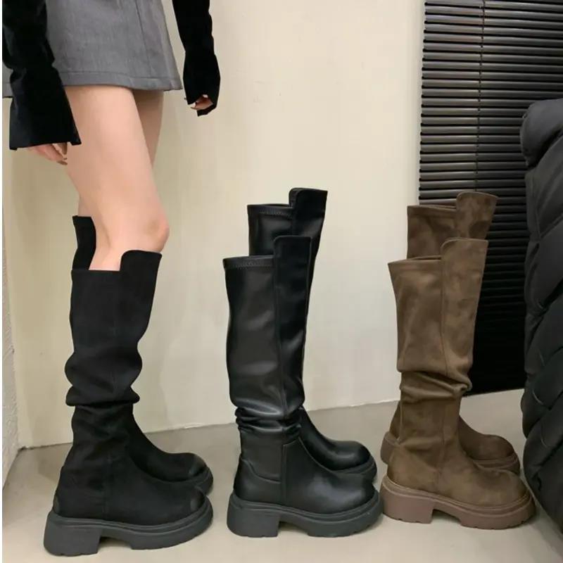 红蜻蜓牌头层牛皮2023韩版秋冬季新款百搭纯色英伦风长筒不过膝瘦