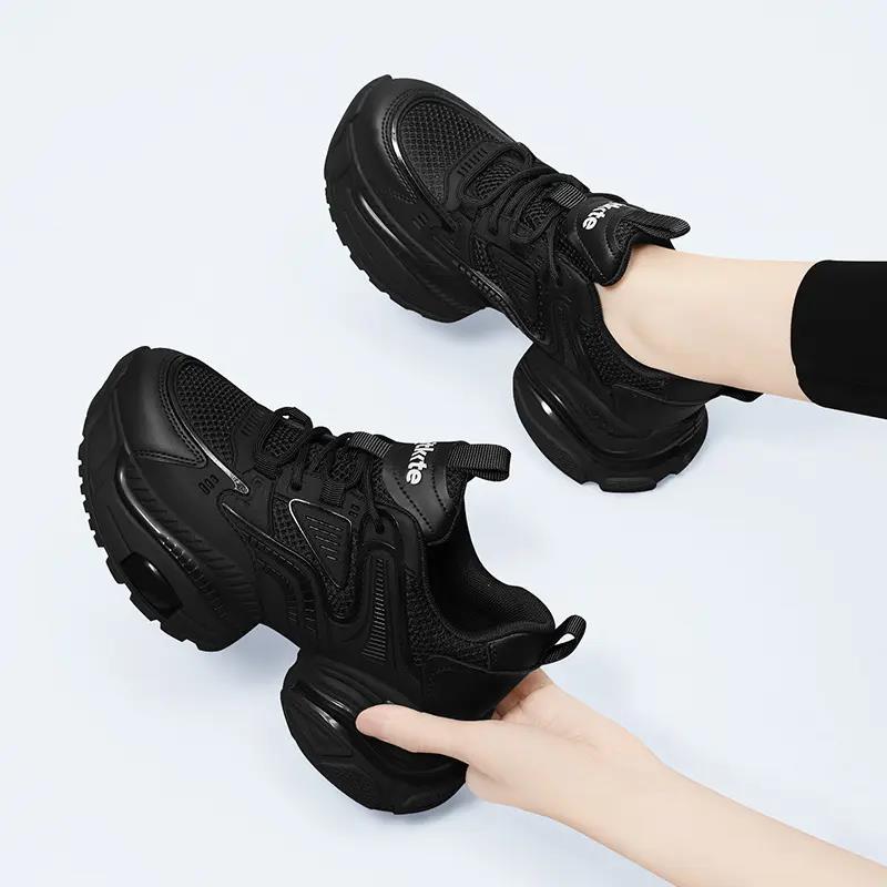 红蜻蜓牌头层牛皮黑色老爹鞋女2023新款秋季厚底松糕增高软底旅游