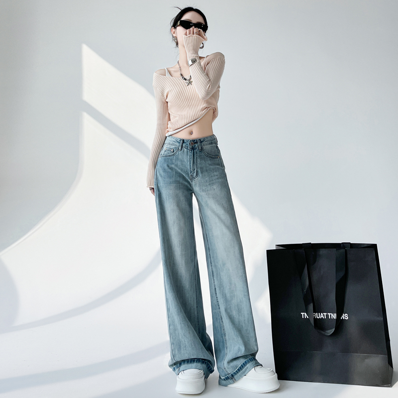 2025秋季新款复古水洗牛仔阔腿裤女宽松显瘦直筒裤拖地裤长裤子