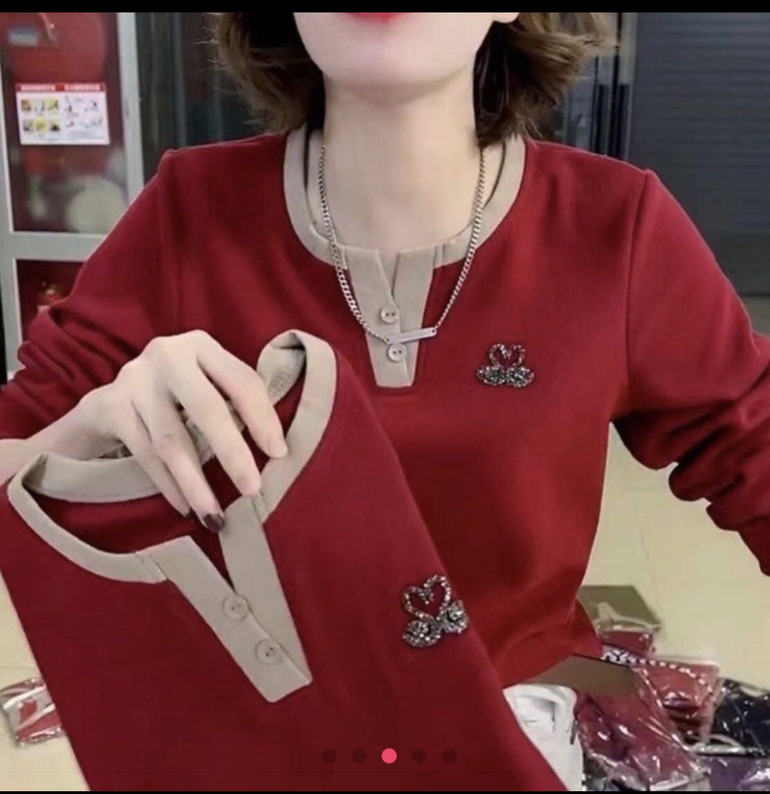 2025年春秋新款v领撞色小天鹅长袖打底衫洋气上衣女士T恤