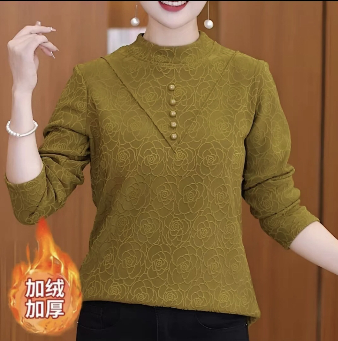 提花加绒加厚园领打底衫女士冬季新款妈妈装保暖长袖上衣