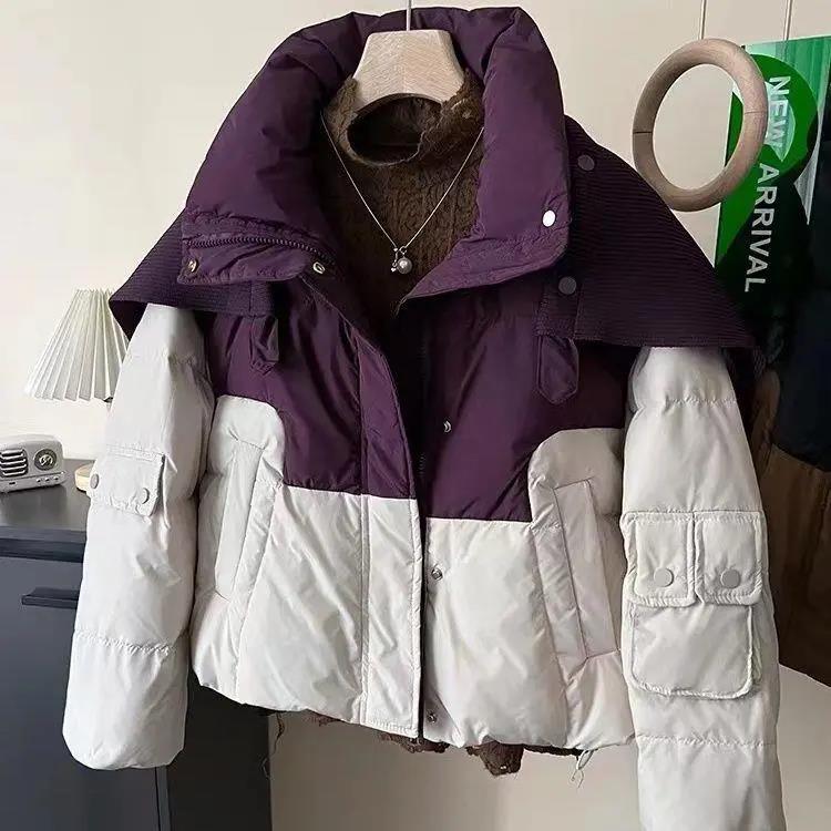 雅鹿2023冬季欧货撞色脱卸披肩羽绒服女装新款修身显瘦百搭外套