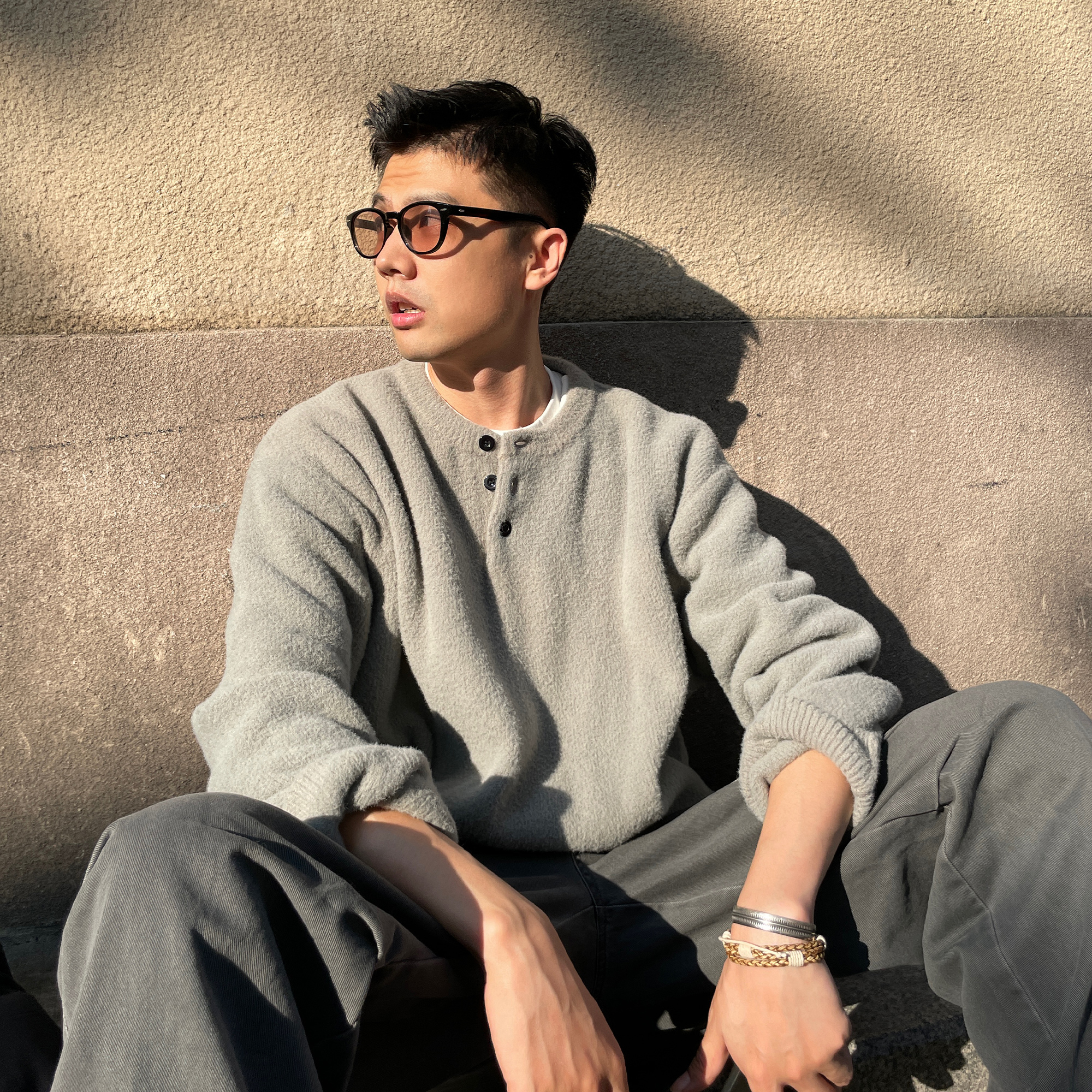 shortfuse新款纯色圆领套头仿驼绒慵懒亨利领加厚保暖毛衣针织衫