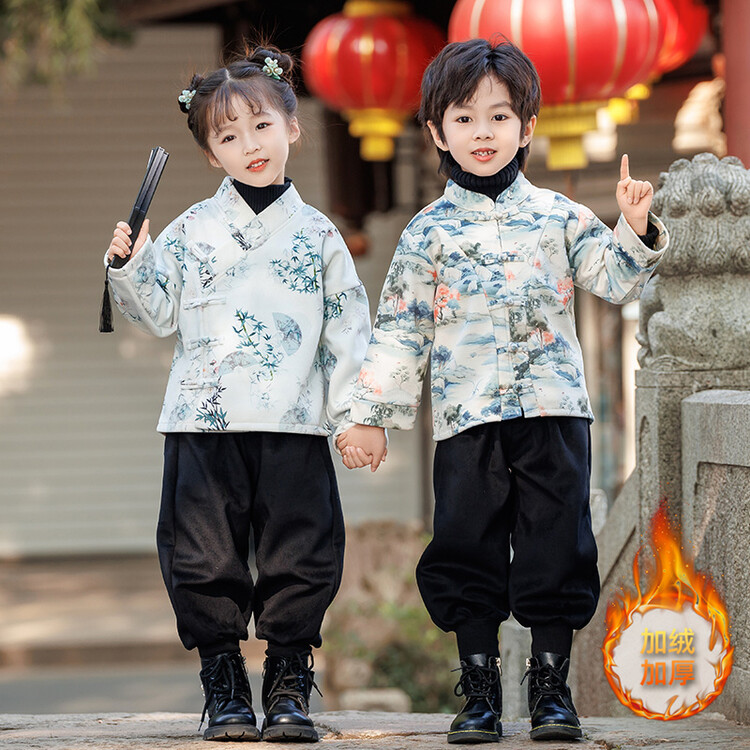 幼儿园唐装演出服2023新款中国风汉服水墨山水画男加绒套装表演服