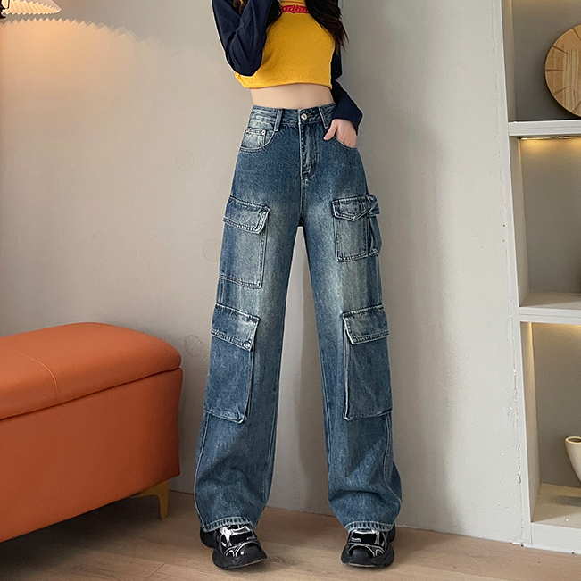 美式工装牛仔裤女2025年春夏季新款高腰显瘦水洗复古直筒阔腿长裤