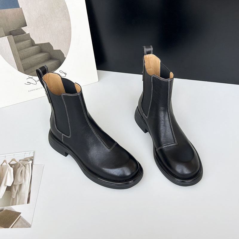 【XL665】3cm牛皮切尔西靴女秋冬百搭真皮厚底圆头加绒短靴