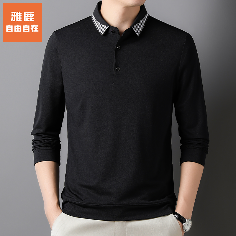 雅鹿•自由自在春秋季男士纯色长袖T恤商务休闲翻领打底POLO衫上衣