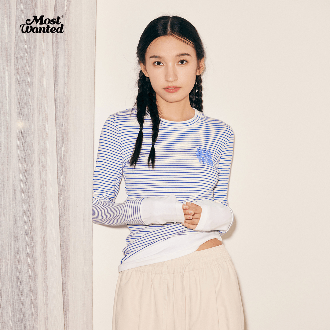 MOSTWANTED钉珠小花条纹假两件长袖打底衫M2434040