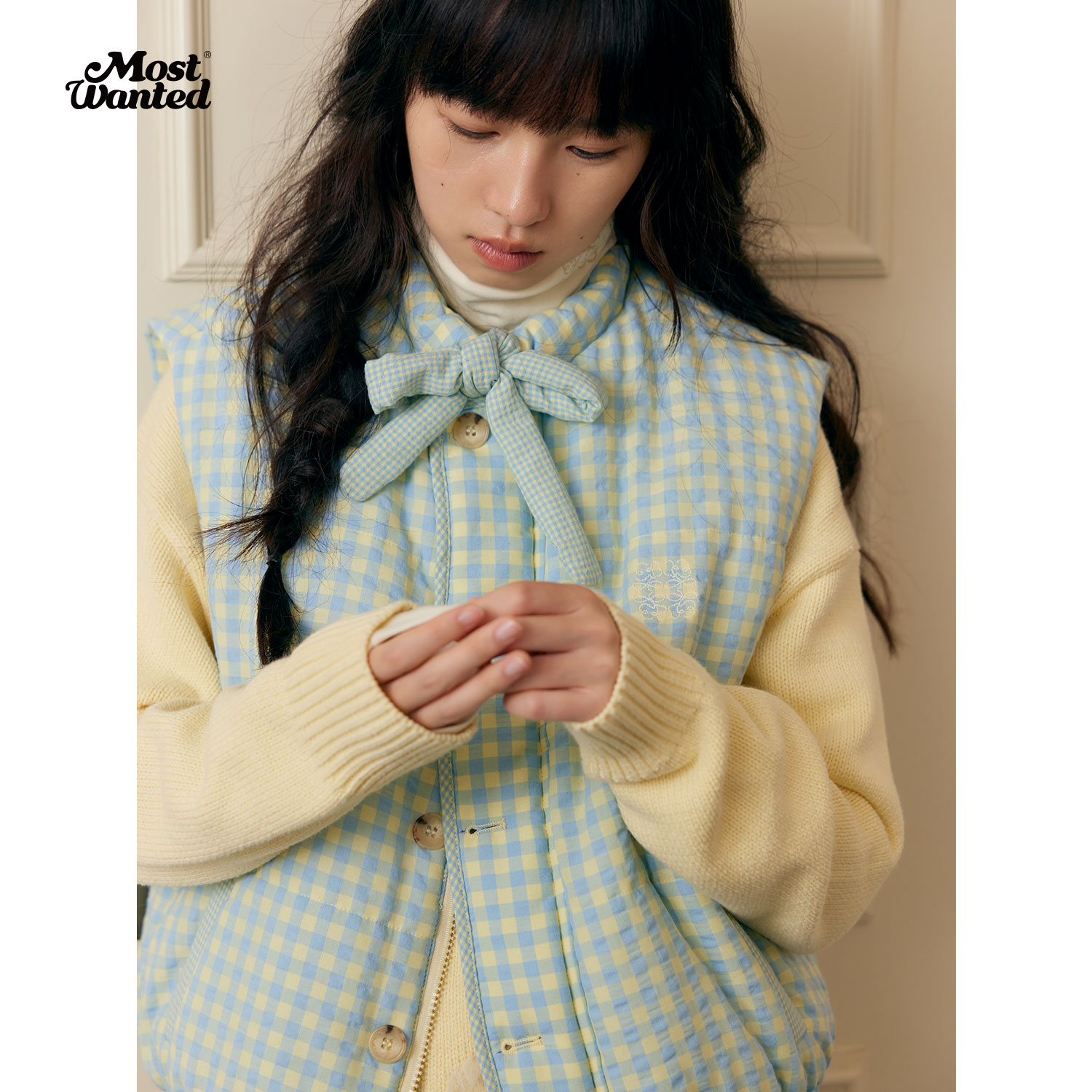 MostWanted格纹双面穿绑带棉服马甲M2434173