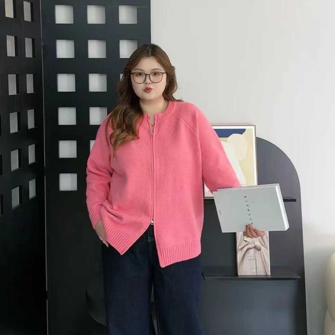 073大码松弛圆领拉链针织毛衣开衫女秋季微胖mm宽松显瘦外搭上衣