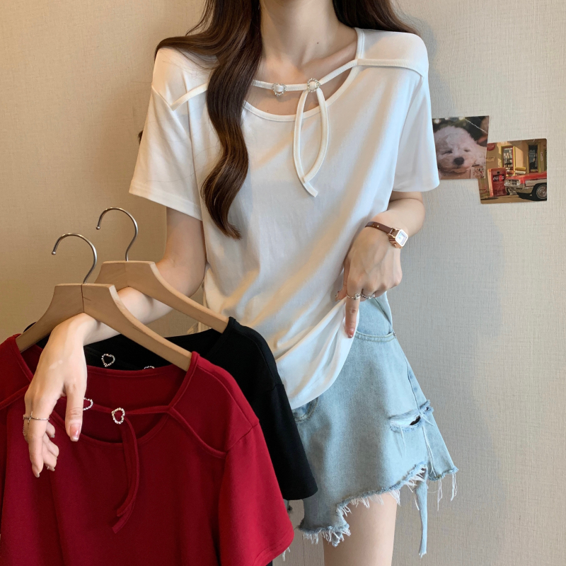 3088夏季新款胖妹妹大码女装褶皱设计感别致洋气正肩短袖T恤