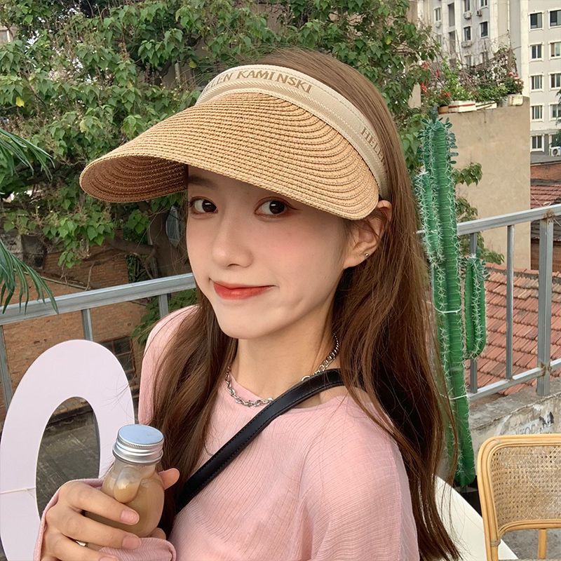 网红空顶帽子发箍帽子女编织遮阳草帽沙滩紫外线防晒遮脸太阳帽