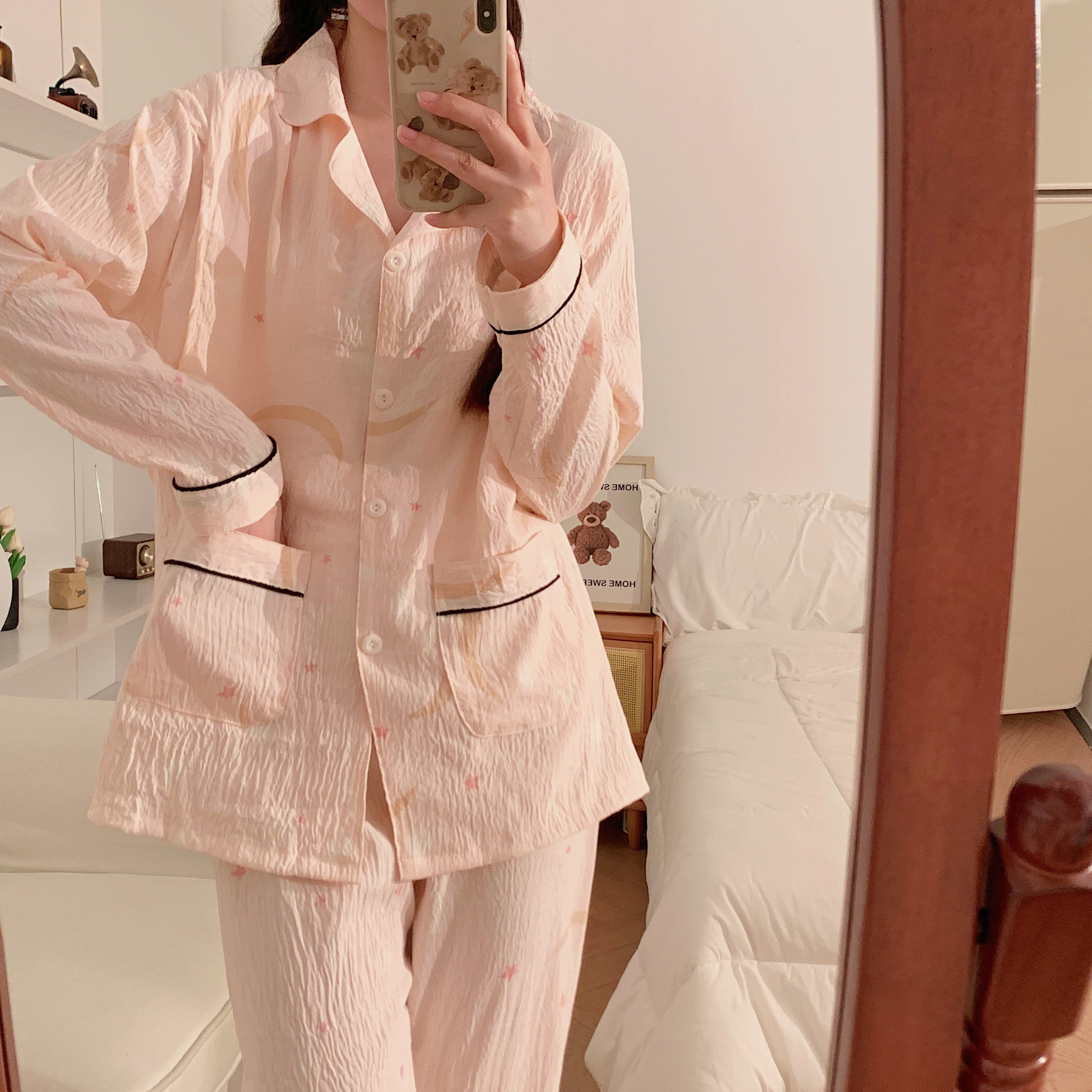 夏季薄款皱皱云朵棉带胸垫月子服孕妇产后透气哺乳长袖睡衣