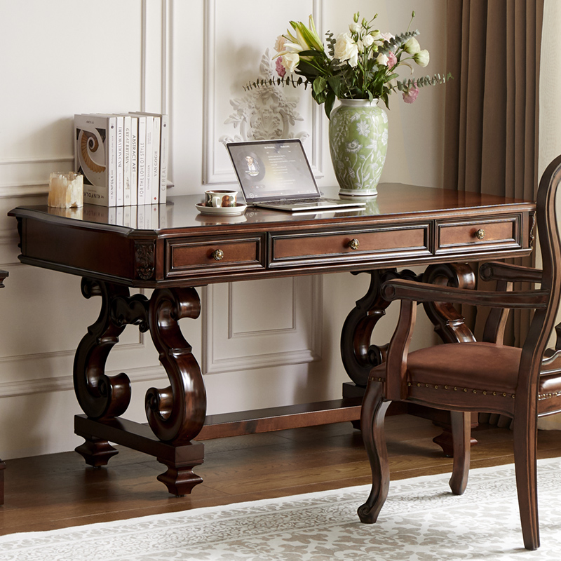 美式纯实木书桌椅组合大美式风格雕花别墅写字台书房家具复古怀旧