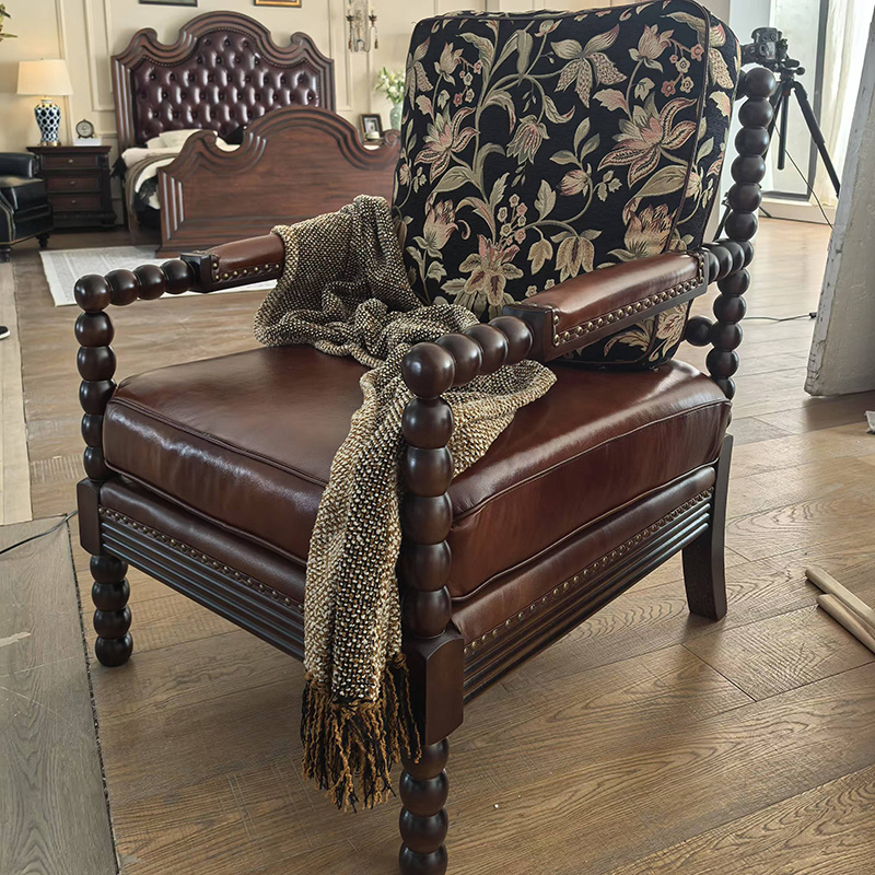 法式珍珠椅原木布艺中古风单人沙发家用葫芦椅美式客厅休闲单人椅